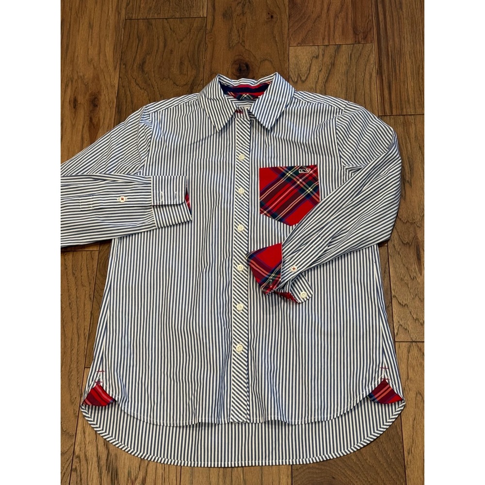 Vineyard Vines Women's Relaxed Fit Striped Button Down Shirt Plaid Pocket Cuffs‎